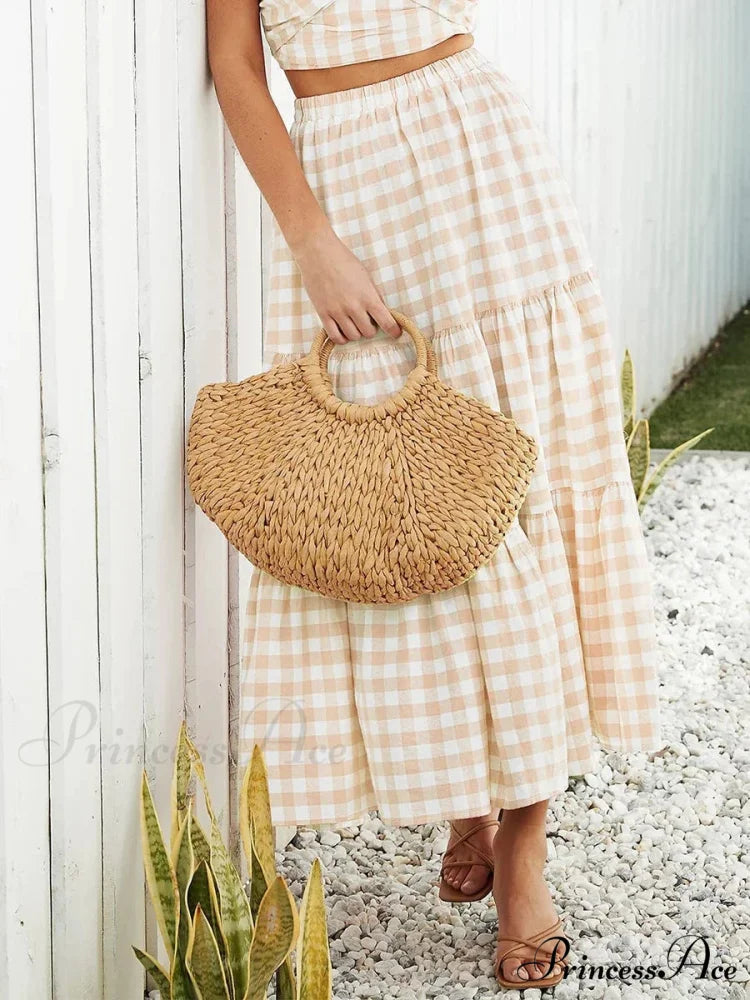 Checkered Layered Patchwork Skirt Khaki / S skirts-250223