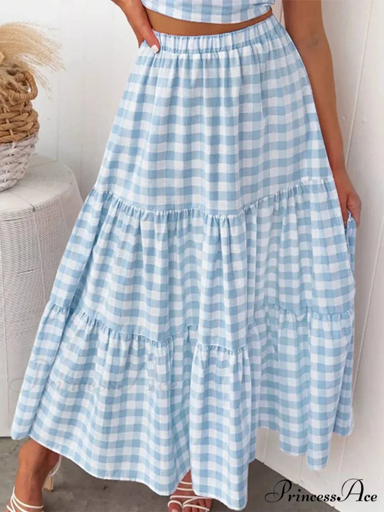Checkered Layered Patchwork Skirt Light Blue / S skirts-250223