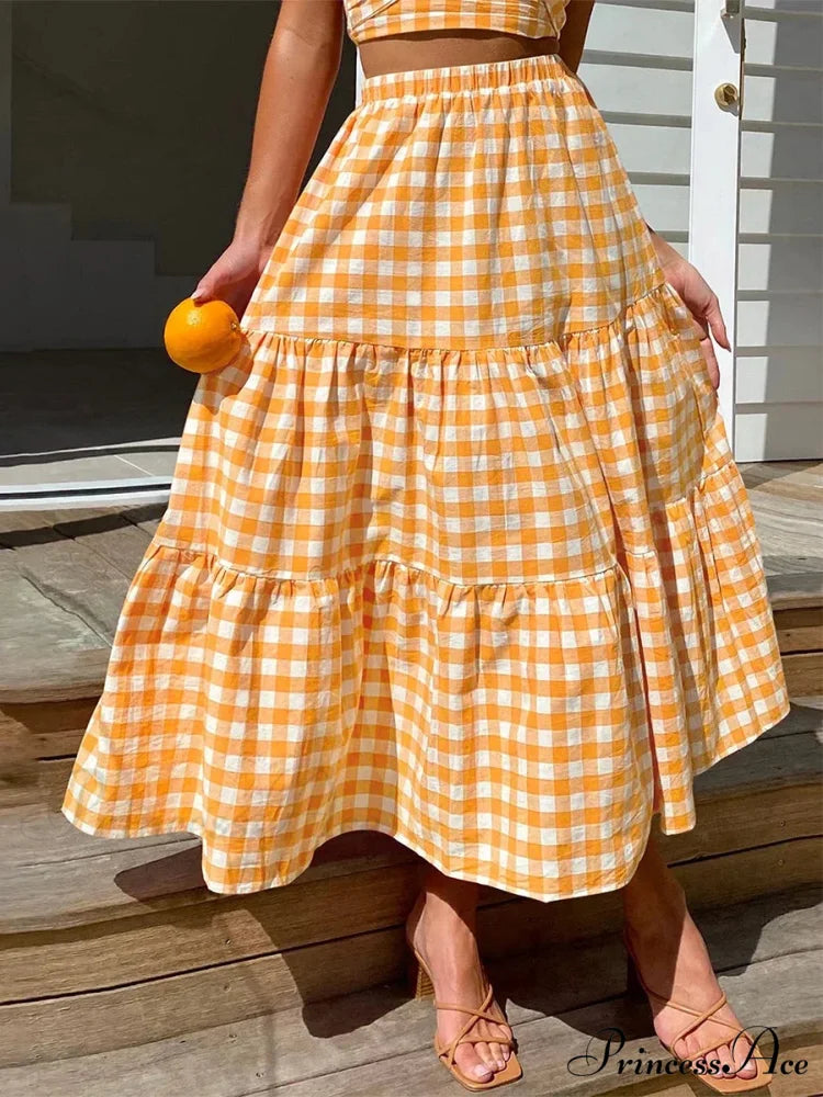 Checkered Layered Patchwork Skirt Yellow / S skirts-250223