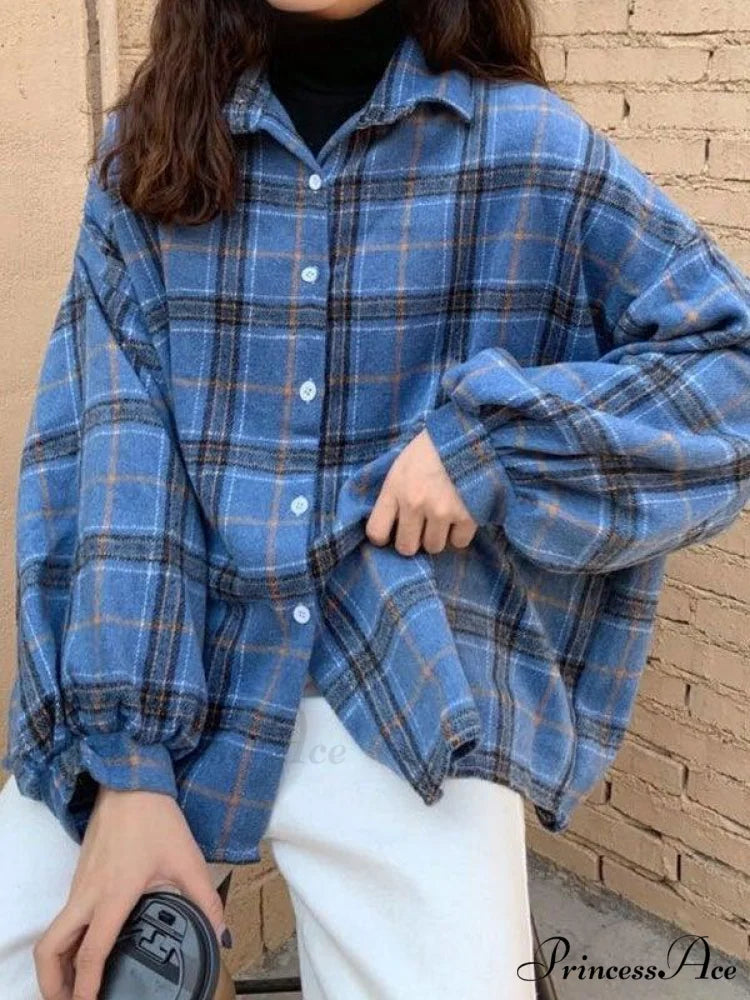 Checkered Long Graceful Sleeve Blouse Blue / S