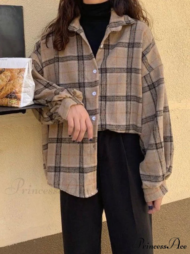 Checkered Long Graceful Sleeve Blouse Khaki / S