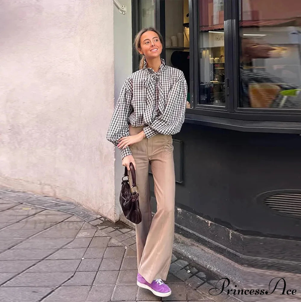 Checkered Long Sleeve Lace Up Single Breasted Top Black / S blouse-250126