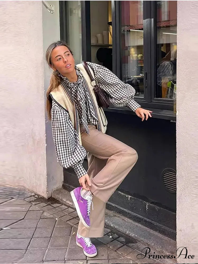 Checkered Long Sleeve Lace Up Single Breasted Top blouse-250126