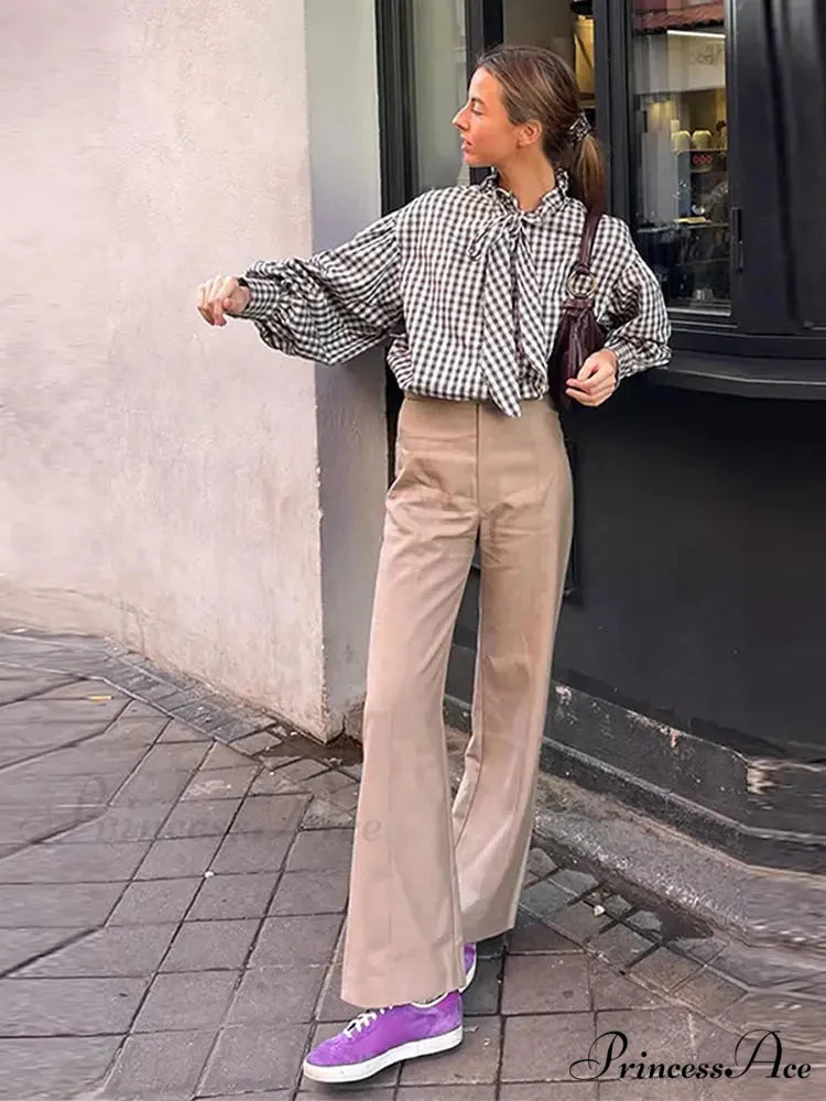 Checkered Long Sleeve Lace Up Single Breasted Top blouse-250126