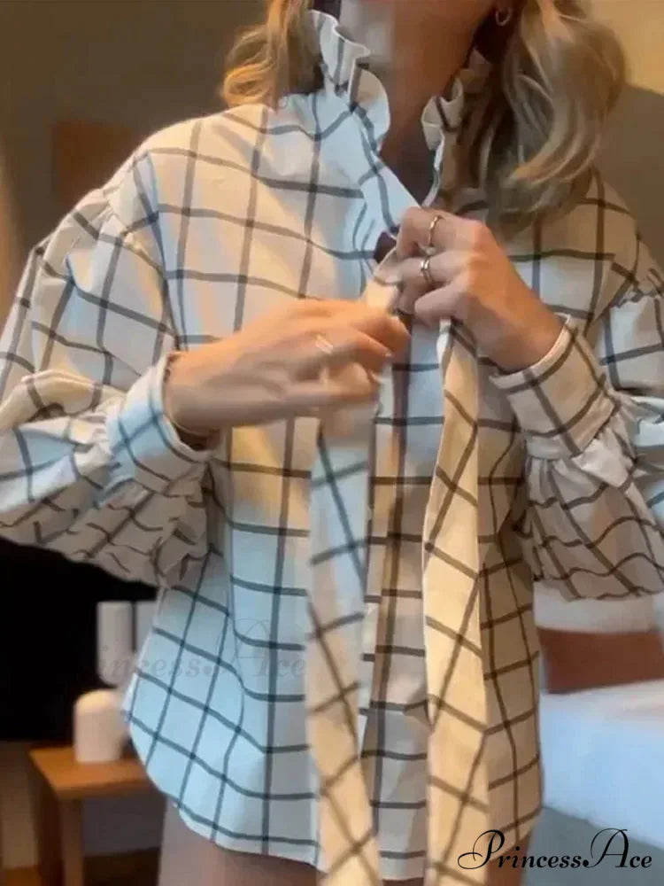 Checkered Long Sleeve Lace Up Single Breasted Top blouse-250126