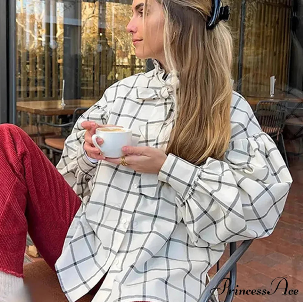 Checkered Long Sleeve Lace Up Single Breasted Top WHITE / S blouse-250126