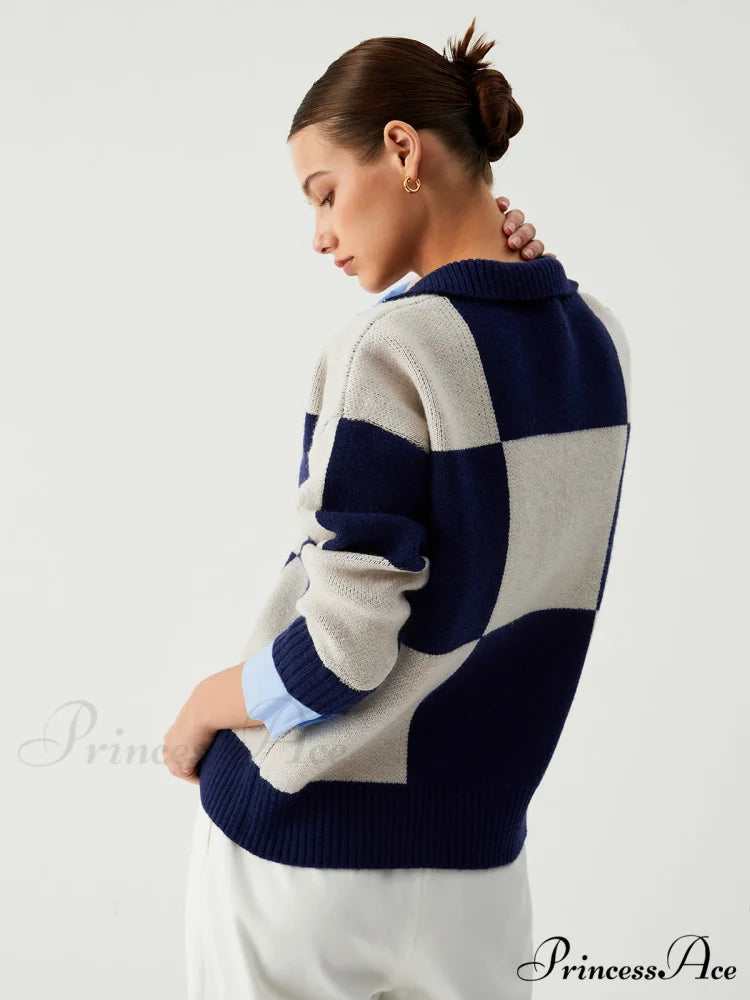 Checkered Open Graceful Collar Sweater