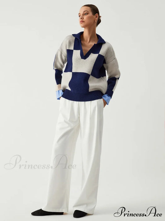 Checkered Open Graceful Collar Sweater