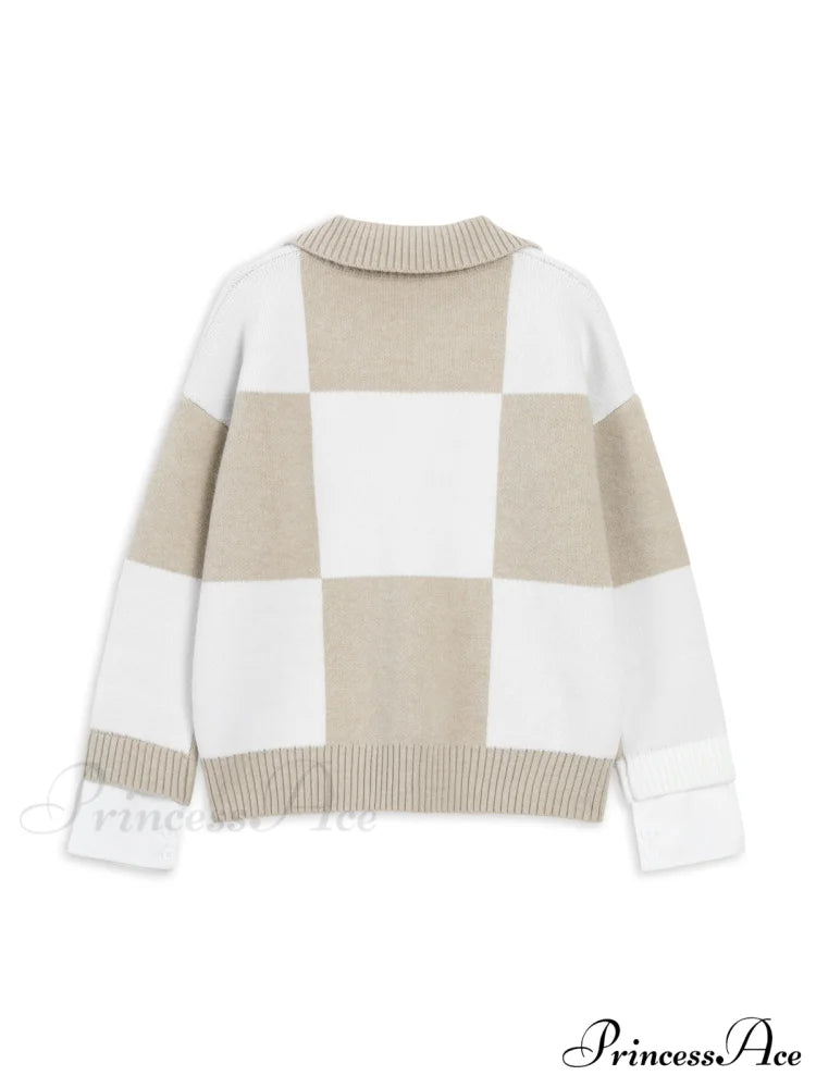 Checkered Open Graceful Collar Sweater