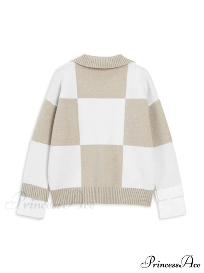 Checkered Open Graceful Collar Sweater