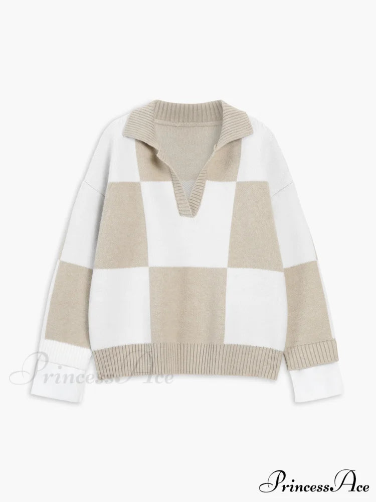Checkered Open Graceful Collar Sweater Khaki / XS