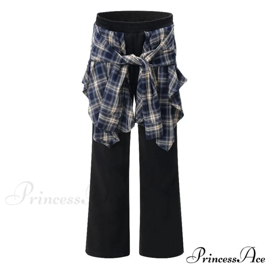 Checkered Patchwork High Waist Trousers Black / S pants-241228