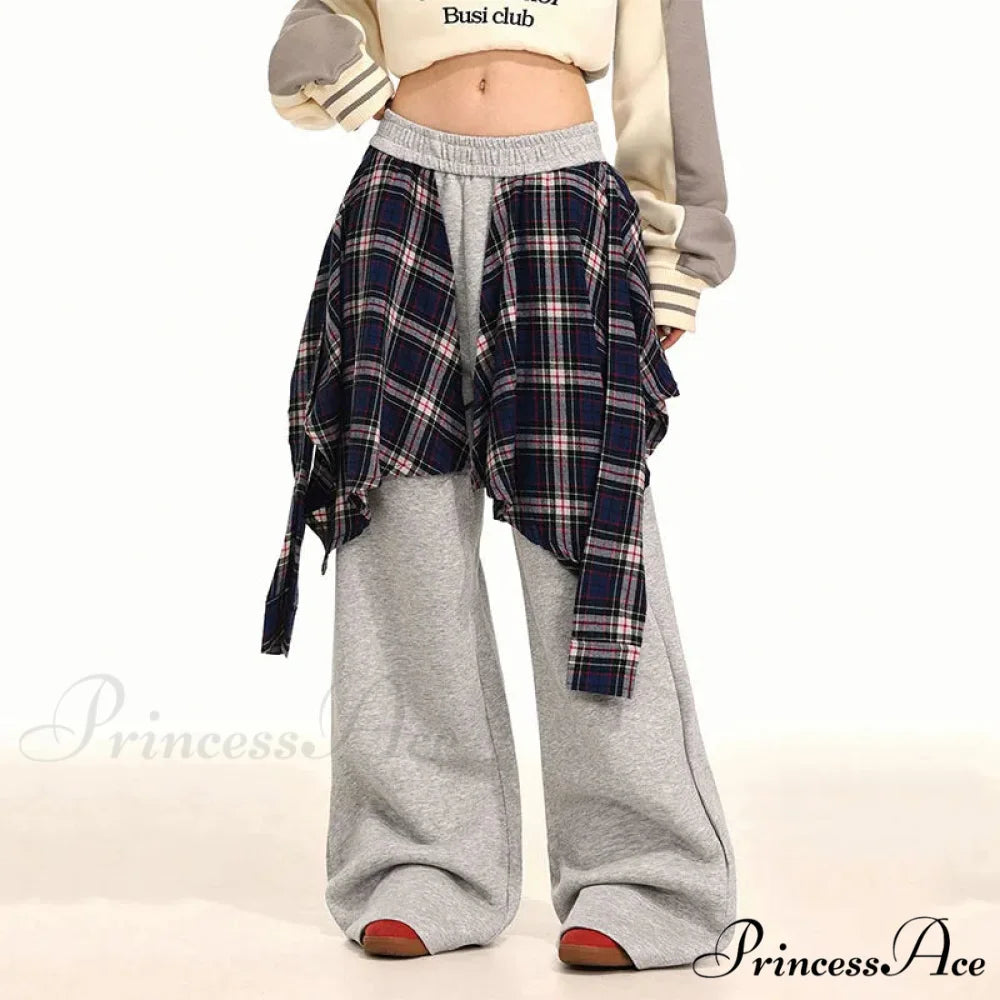 Checkered Patchwork High Waist Trousers GRAY / S pants-241228