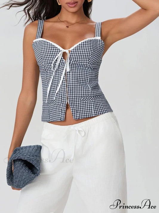 Checkered Pattern Backless Sleeveless Deep Neck Tied Crop Top Black / XS croptop-250126