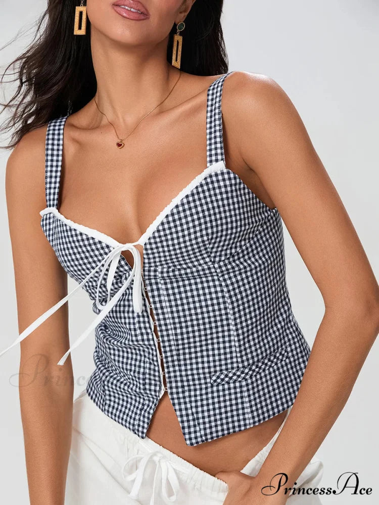 Checkered Pattern Backless Sleeveless Deep Neck Tied Crop Top croptop-250126
