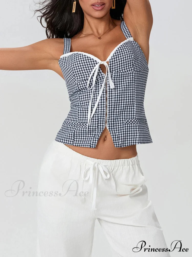 Checkered Pattern Backless Sleeveless Deep Neck Tied Crop Top croptop-250126