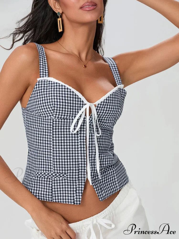 Checkered Pattern Backless Sleeveless Deep Neck Tied Crop Top croptop-250126