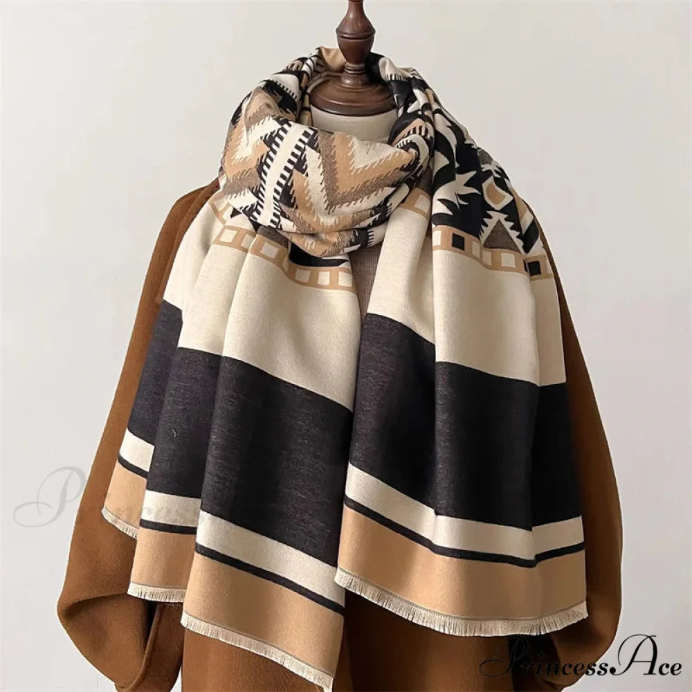 Checkered Pattern Cashmere Pashmina Winter Scarf black scarf-241228