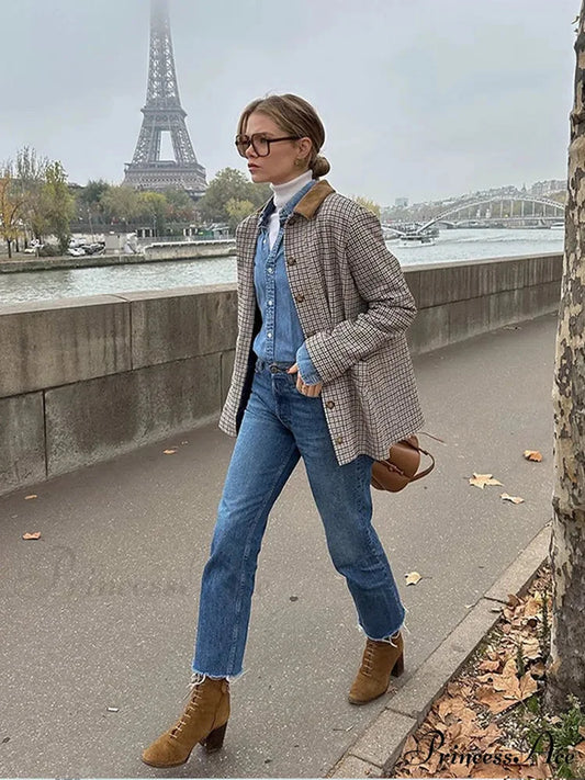 Checkered Pattern Collar Coat coats-241228