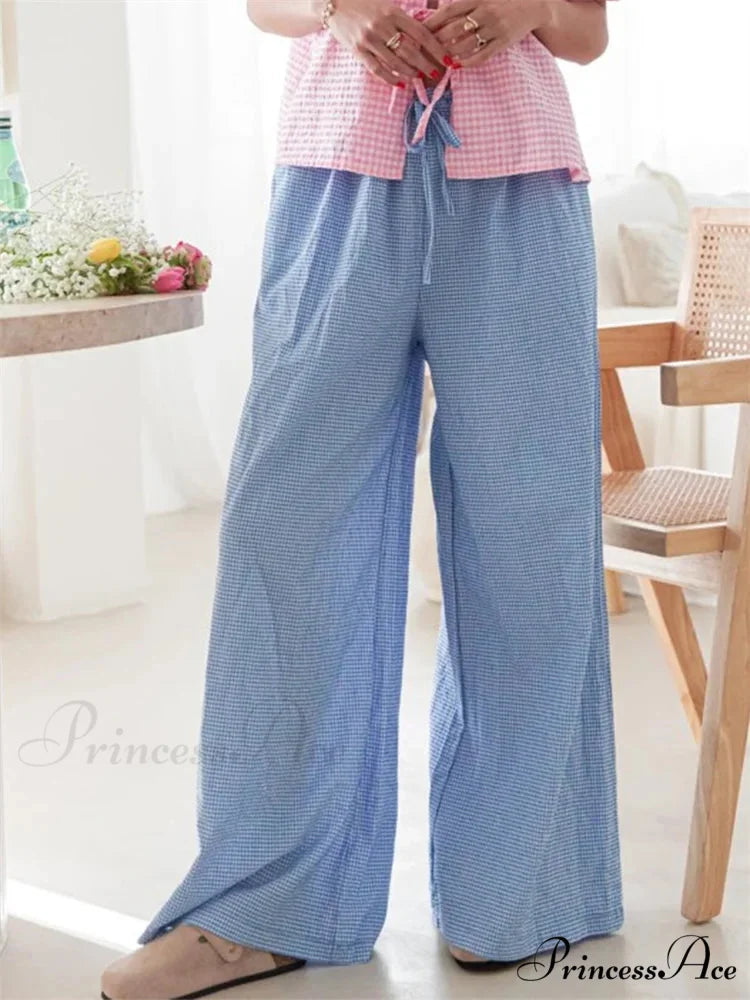 Checkered Pattern Drawstring Flexible Waist Relaxed Pant BLUE / S pant-250223