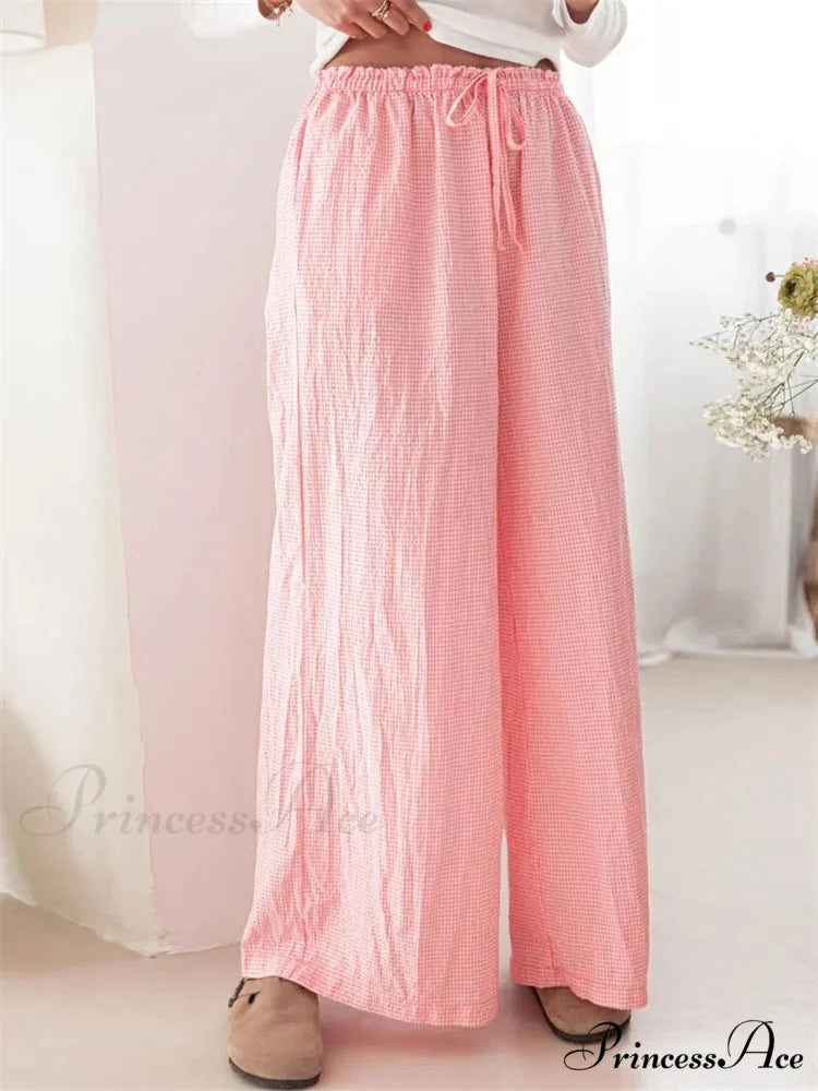 Checkered Pattern Drawstring Flexible Waist Relaxed Pant DARKPINK / S pant-250223