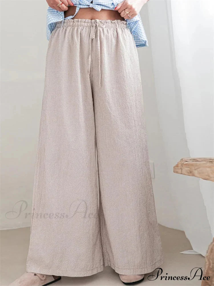Checkered Pattern Drawstring Flexible Waist Relaxed Pant KAHKI / S pant-250223