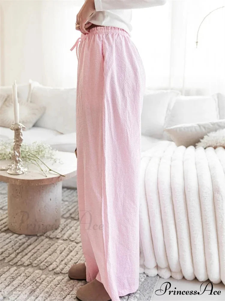 Checkered Pattern Drawstring Flexible Waist Relaxed Pant PINK / S pant-250223