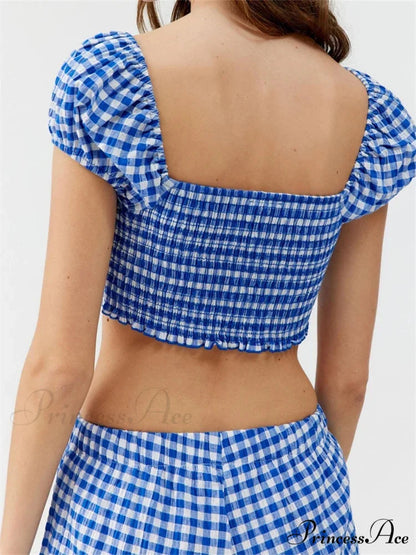 Checkered Pattern Knotted Short Sleeve T-shirt Crop Top with Stretchy Waist Shorts Set twopiecesset-250126