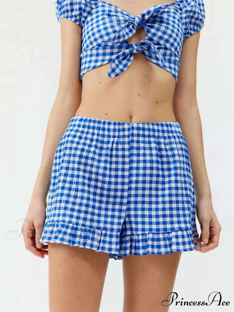 Checkered Pattern Knotted Short Sleeve T-shirt Crop Top with Stretchy Waist Shorts Set twopiecesset-250126