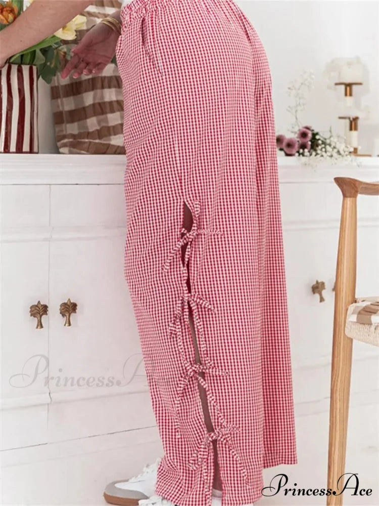 Checkered Pattern Lace-Up Side Hollow Informal Wide Pant pant-250223