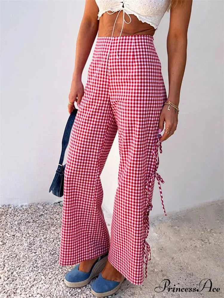 Checkered Pattern Lace-Up Side Hollow Informal Wide Pant PINK / S pant-250223