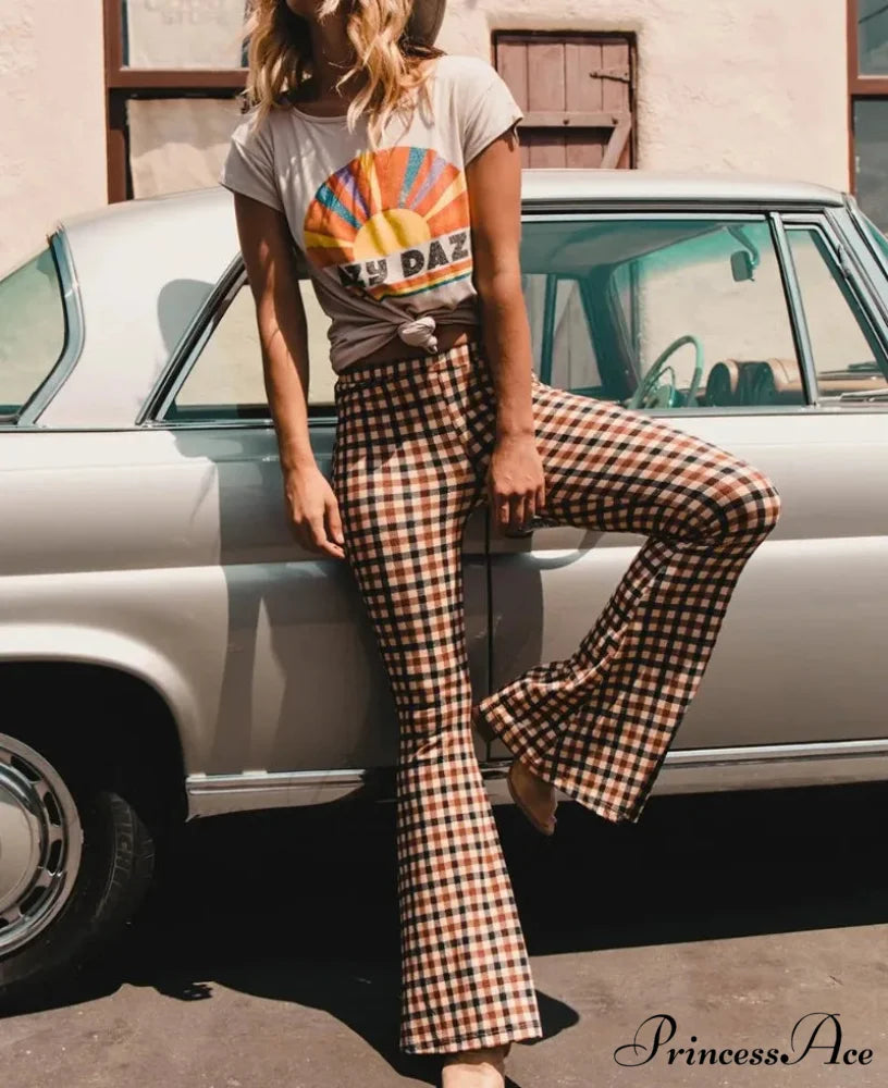 Checkered Pattern Self-Improvement Flare Stylish Pant Brown / S pant-250223