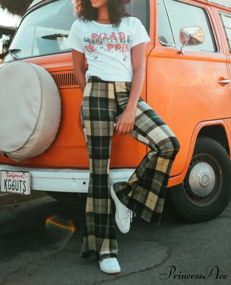 Checkered Pattern Self-Improvement Flare Stylish Pant Green / S pant-250223