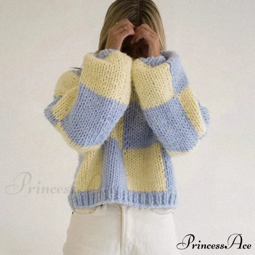 Checkered Pattern Short Cozy Jumper Blue / S swraters-241228