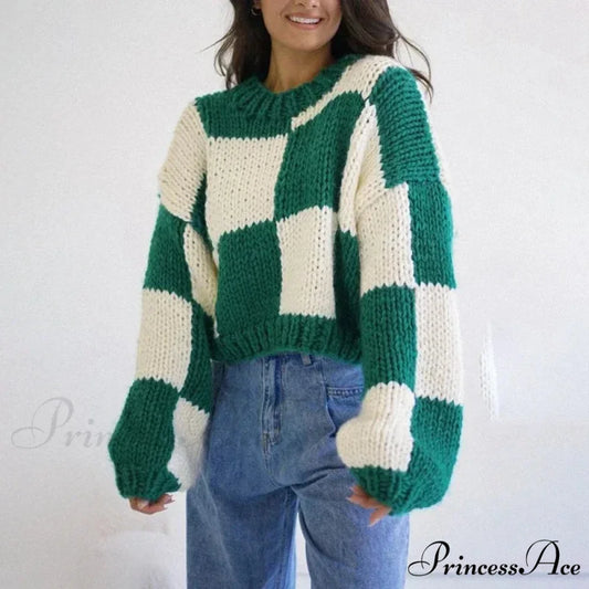 Checkered Pattern Short Cozy Jumper Green / S swraters-241228