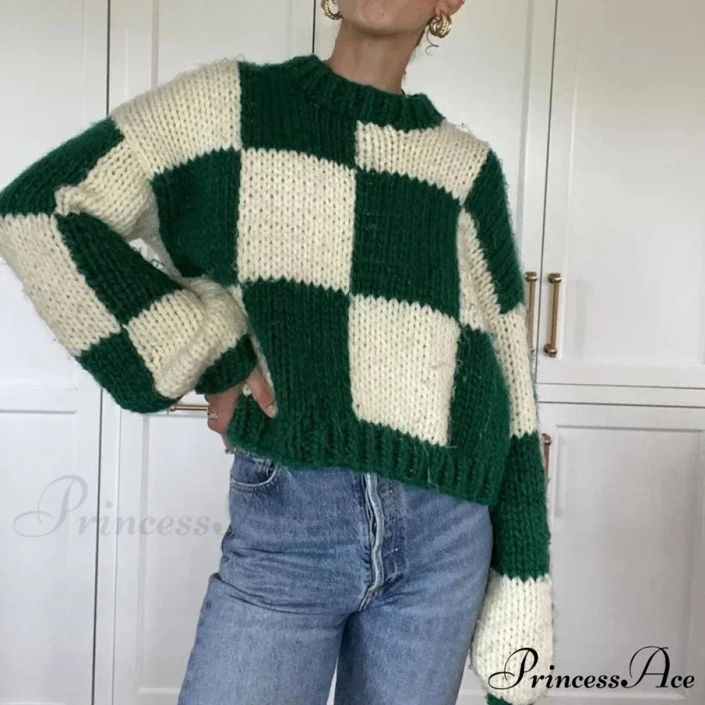 Checkered Pattern Short Cozy Jumper swraters-241228