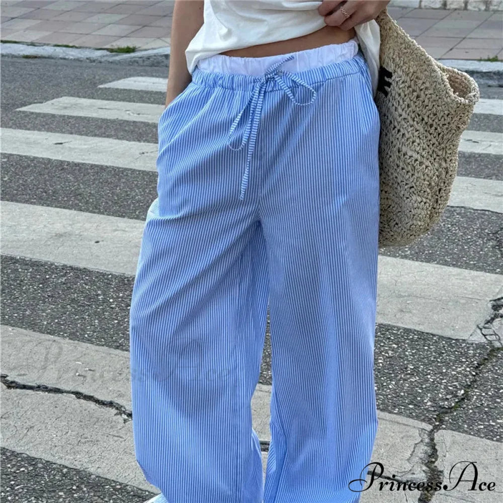 Checkered Pattern Stretchy Tie Waist Professional Pant Blue / S pant-250223
