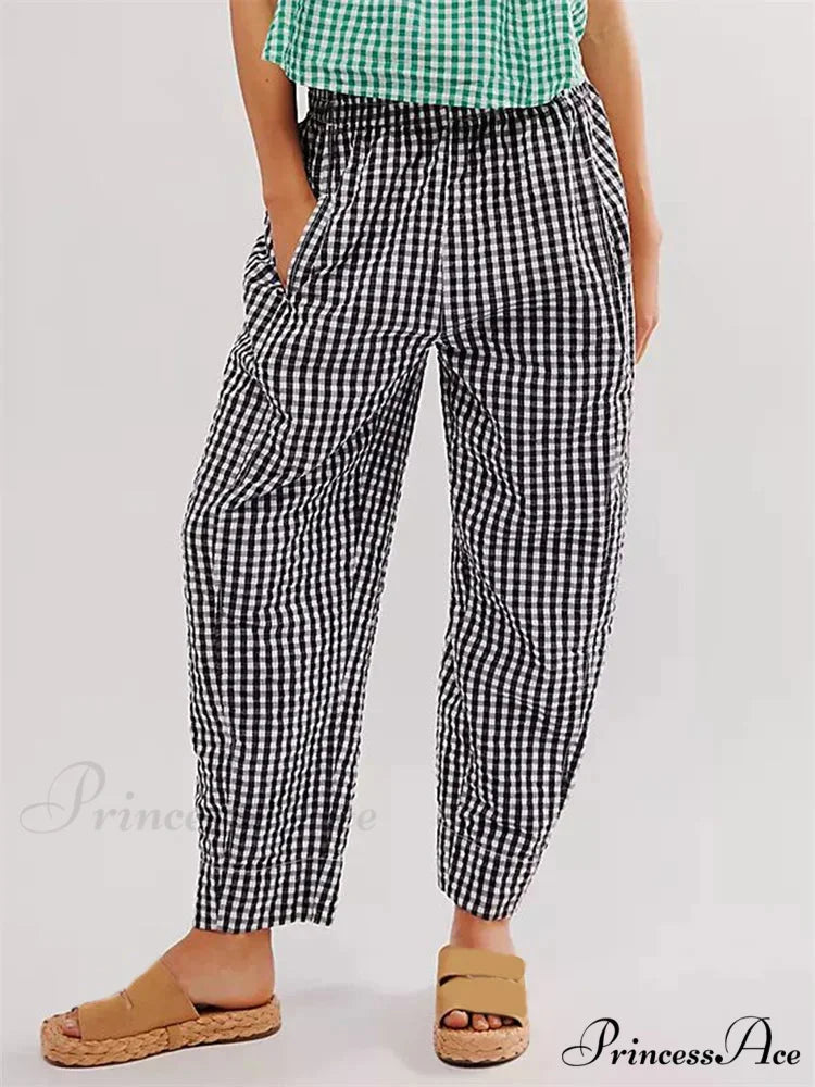Checkered Pattern Stretchy Waist Relaxed Wide Leg Trouser BLACK / S pant-250223