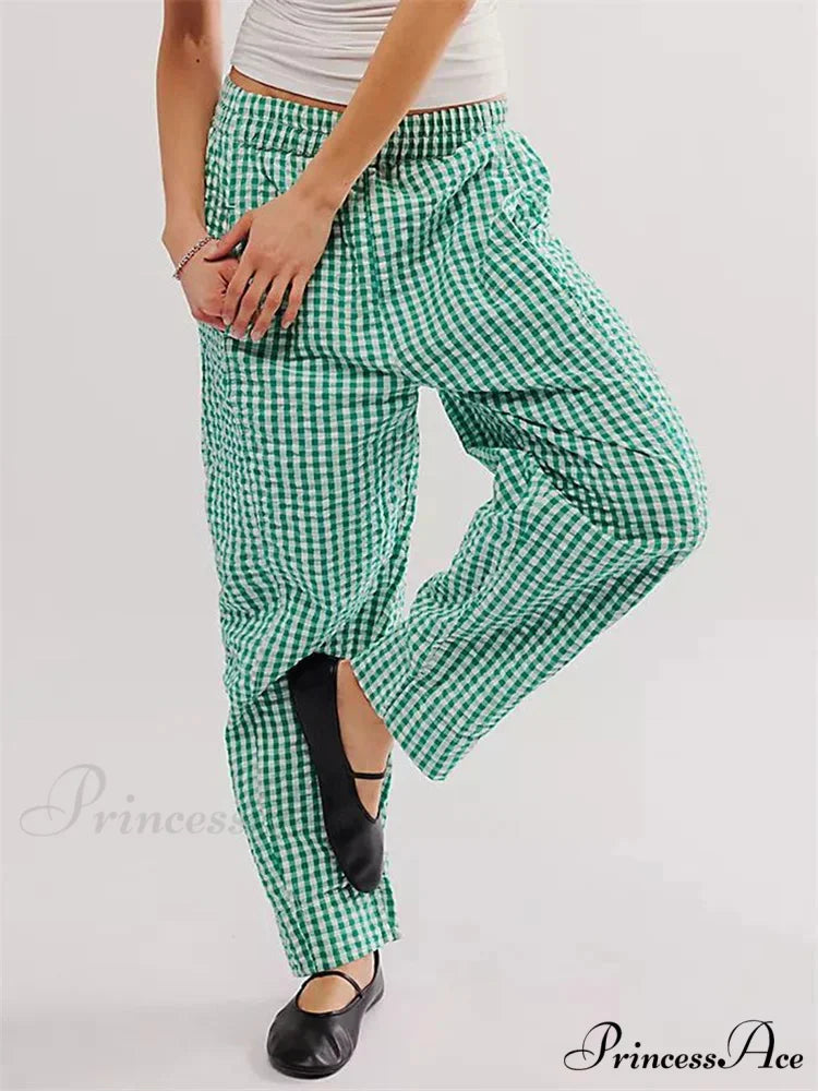 Checkered Pattern Stretchy Waist Relaxed Wide Leg Trouser GREEN / S pant-250223