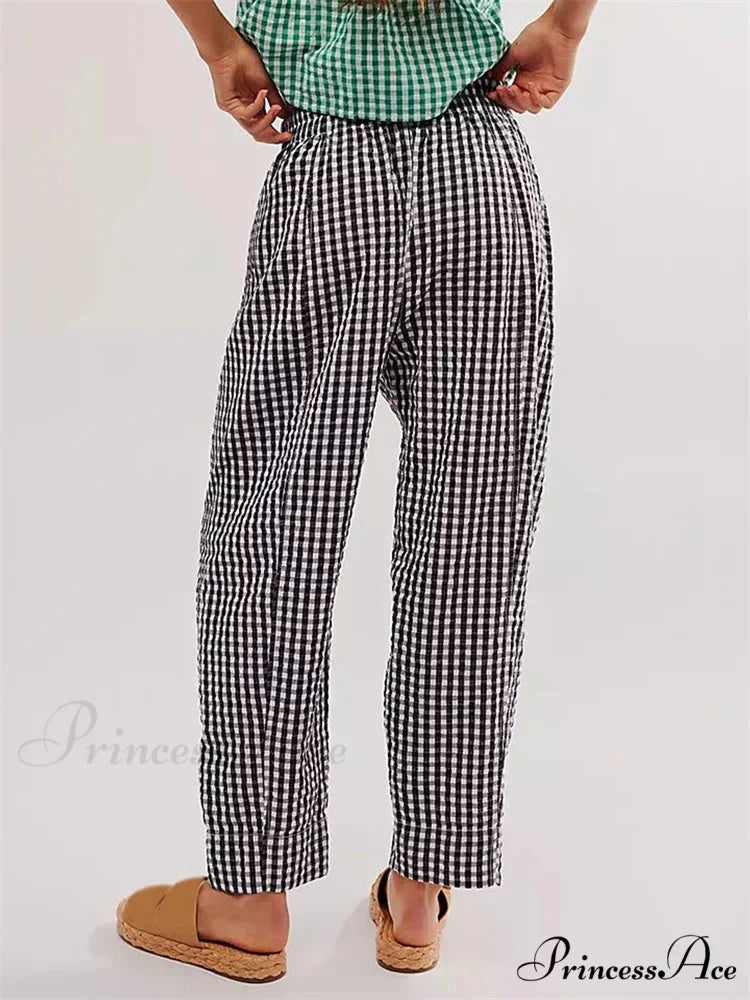 Checkered Pattern Stretchy Waist Relaxed Wide Leg Trouser pant-250223
