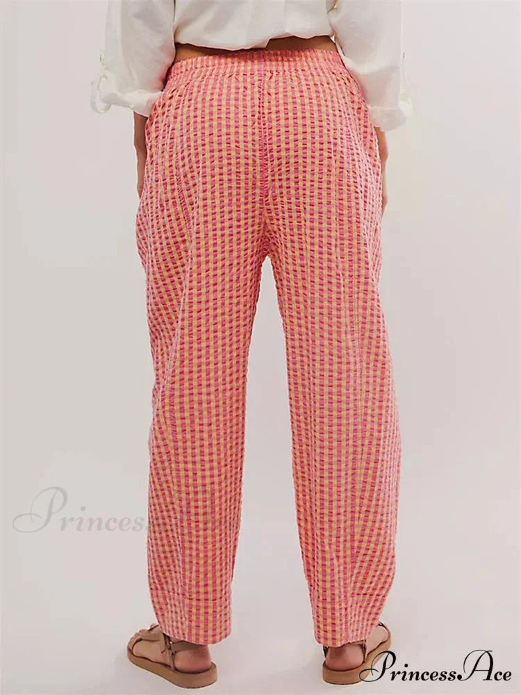 Checkered Pattern Stretchy Waist Relaxed Wide Leg Trouser pant-250223
