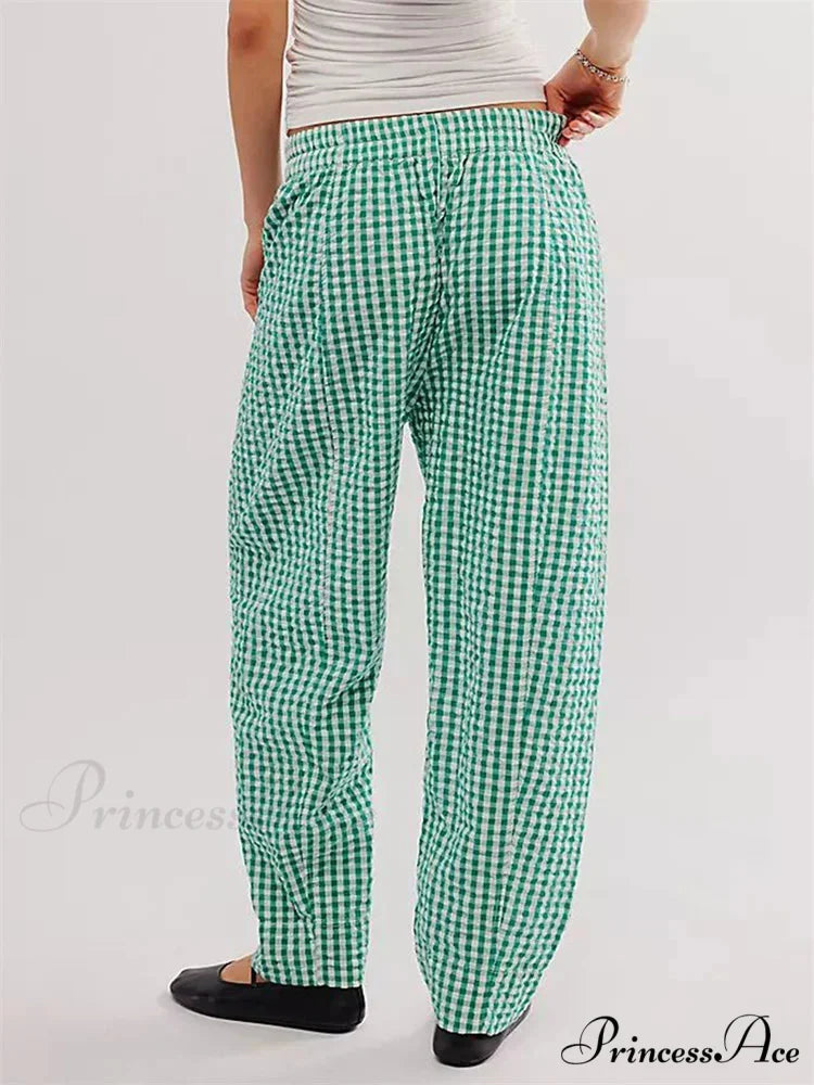 Checkered Pattern Stretchy Waist Relaxed Wide Leg Trouser pant-250223