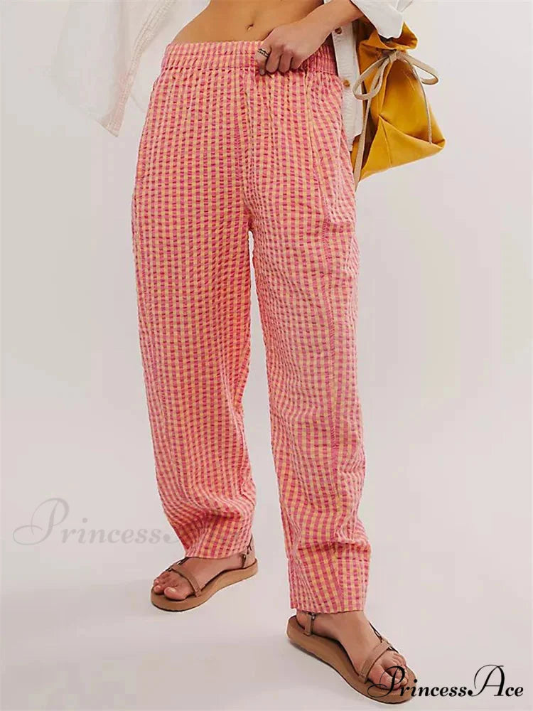 Checkered Pattern Stretchy Waist Relaxed Wide Leg Trouser RED / S pant-250223