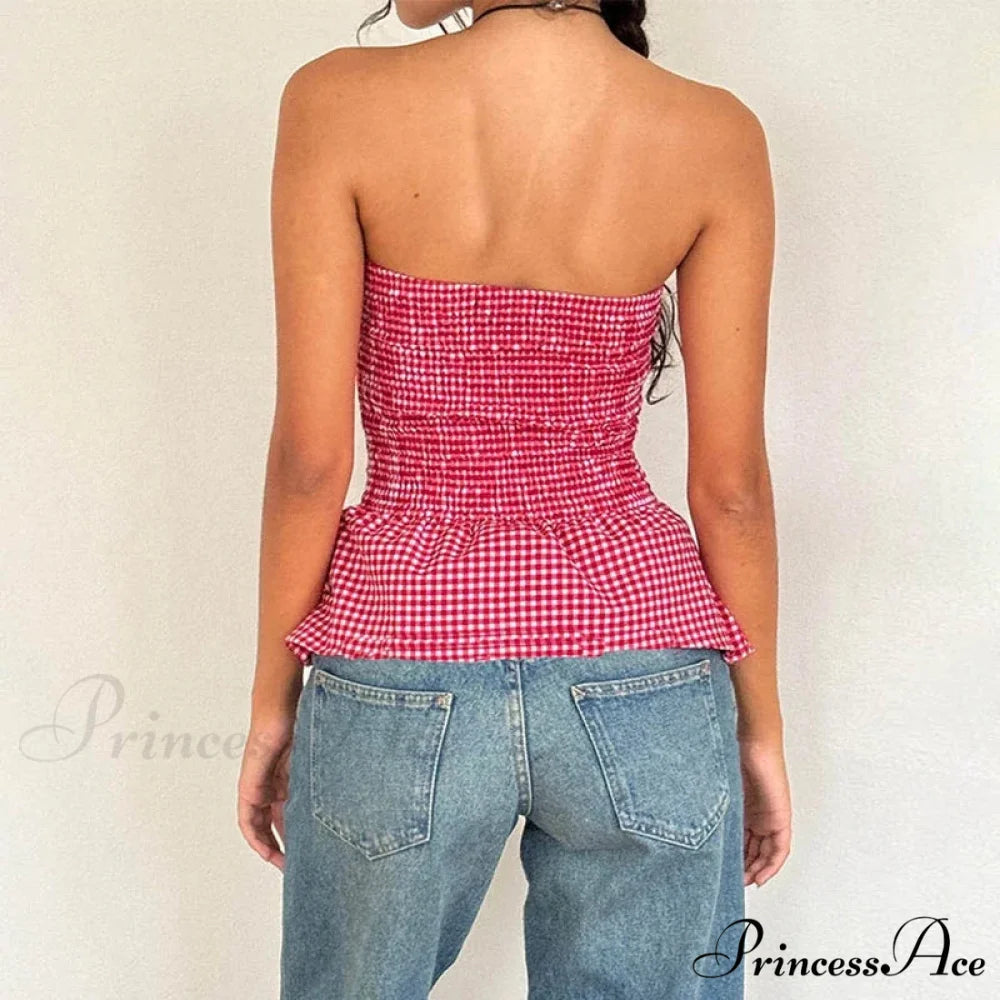Checkered Pattern Tube Top Open-Back Fitted Crop Top croptop-250126