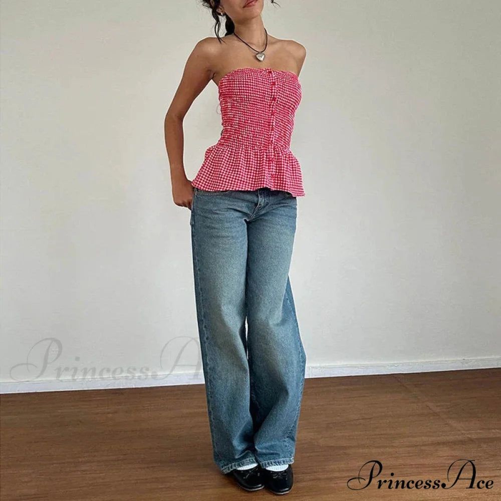 Checkered Pattern Tube Top Open-Back Fitted Crop Top croptop-250126