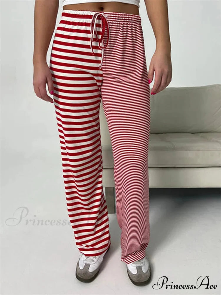 Checkered Pattern Wide Leg Informal Spring Summer Pant RED / S pant-250223