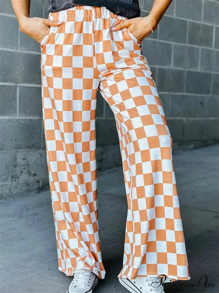 Checkered Pattern Wide Leg Stretchy Waist Informal Pant pant-250223