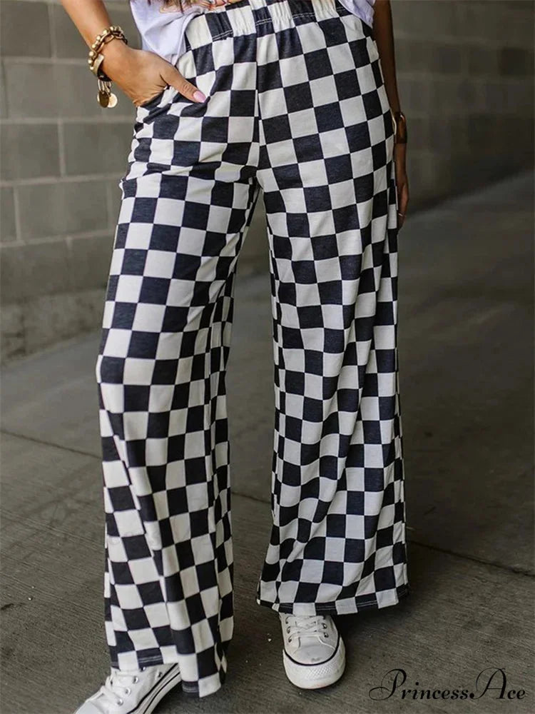 Checkered Pattern Wide Leg Stretchy Waist Informal Pant BLACK / S pant-250223