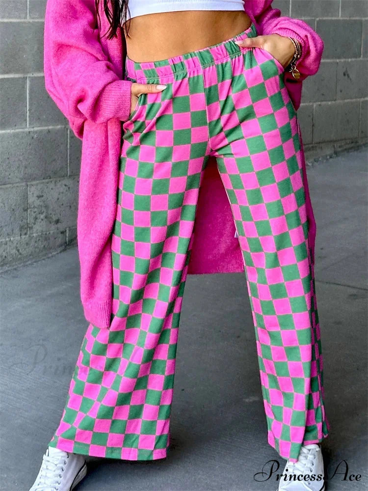 Checkered Pattern Wide Leg Stretchy Waist Informal Pant DARKPINK / S pant-250223