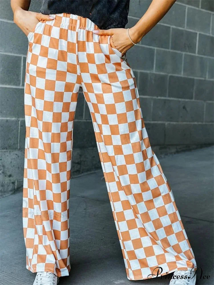 Checkered Pattern Wide Leg Stretchy Waist Informal Pant KAHKI / S pant-250223